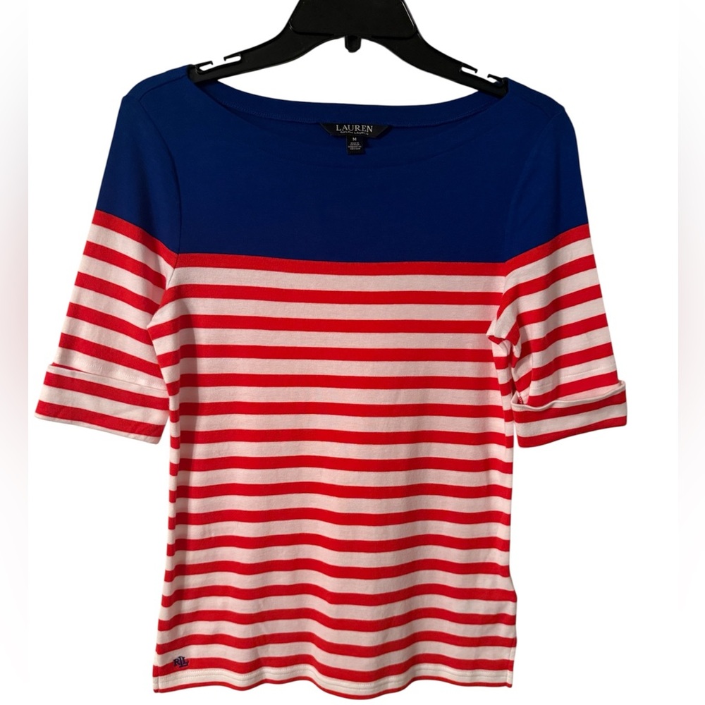 Women's Blue and Red Striped Top short, sleeved Ralph Lauren size medium top